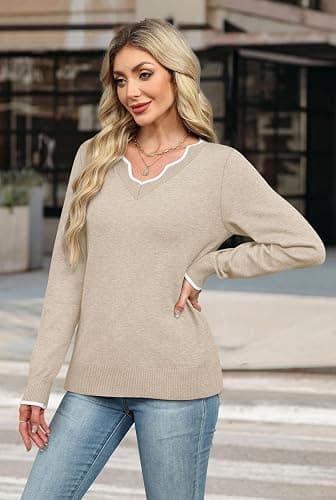 OFEEFAN Womens V Neck Sweaters Pullover Cozy Lightweight Sweaters Long Sleeve Tops Fall Outfits 2025 thumbnail 4