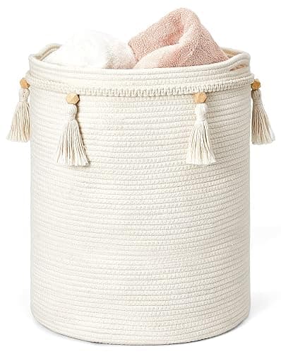 Mkono Macrame Decorative Cotton Rope Basket Boho Cute Woven Tassel Tall Basket Closet Storage Bins Organizer for Nursery,Baby Toys, Potted Plants Cover,Living Room,Bedroom Home Decor 15.7"x 19.6" - 15.7"x19.6" - Image 1