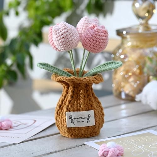 YOOJEE Tulip Crochet Flower Potted Plant Handmade Desk Decor Gift thumbnail 2