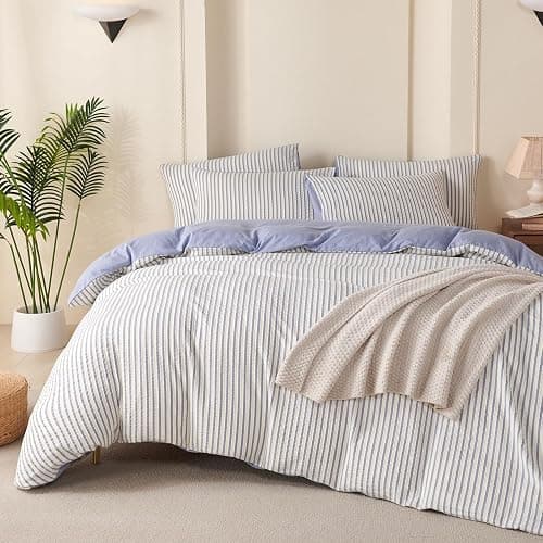 TISPLR Striped Comforter Queen Blue Soft Luxury Washed Microfiber Jacquard 3 Pieces Bedding, White Blue Vertical Ticking Stripes Pattern Comforter with 2 Pillowcases Breathable Durable Comfy - Image 1