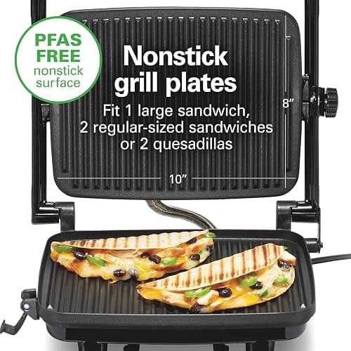 Hamilton Beach Panini Press Sandwich Maker & Electric Indoor Grill with Locking Lid, Opens Wide to Fit Any Thickness for Quesadillas, Burgers & More, Nonstick 8" x 10" Grids, Chrome (25460AG) thumbnail 4