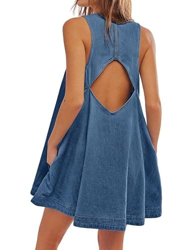 TBETNE Women’s Denim Dress Summer Casual Sleeveless Jean Mini Dresses with Pockets - Image 1