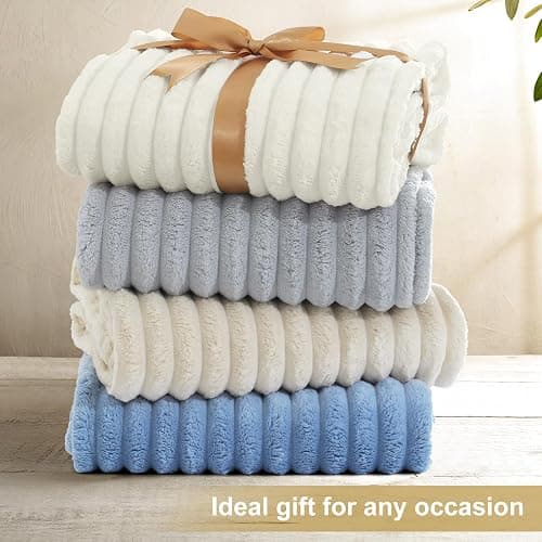 decorUhome Christmas Soft Fleece Cream White Blanket Queen Size for Bed, Cozy Fluffy Plush Flannel Large Striped Throws for Couch Sofa, Lightweight Decorative Fuzzy Blanket for Woman, 90x90 Inches thumbnail 8
