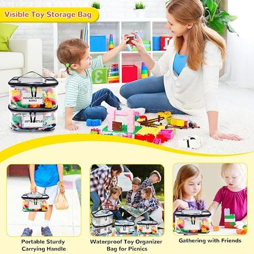 Tesuko 6 Pack Clear Toy Storage Bag with Name Tag& Manual Pocket, Waterproof Transparent PVC Toy Organizer Case for Lego Bricks, Board Games, Building Blocks, Puzzles (Large Capacity, Black) thumbnail 8