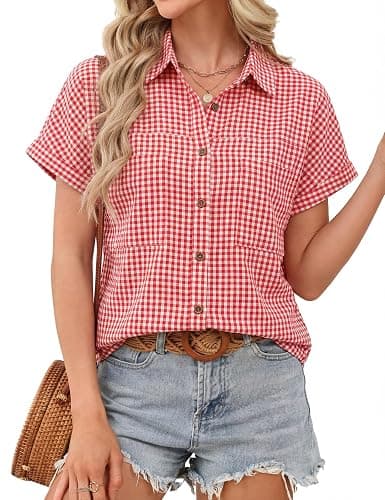Button Down Shirt for Women Short Sleeve Blouses Dressy Casual Business Work Summer Vacation Tops Hawaii Shirts with Pockets thumbnail 6