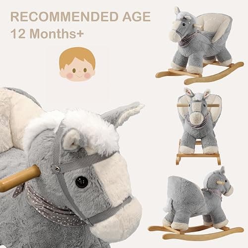 Rock My Baby Rocking Gray Horse with Chair, Plush Stuffed Rocking Pony with Realistic Sound, Baby Rocker Animal for Toddlers 1-3 Ride on,CPC Certified thumbnail 8