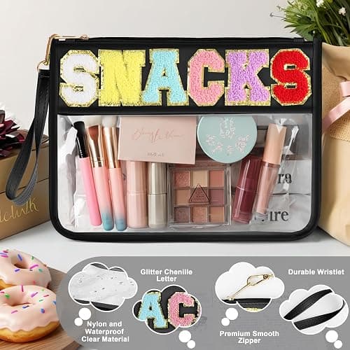 Snack Bag for Travel - Clear Chenille Varsity Letter Flat Pouch with Zipper, 12.2×8.46 inch Waterproof Clear Nylon Preppy Patch Makeup Cosmetic tote Bags for Women Girls thumbnail 3