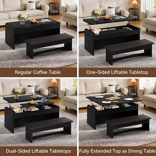 Homiflex Lift Top Coffee Table with Bench, 40 Inch Multi-Function Coffee Tables Set with Hidden Compartment, Curved Profile Design, Converts to Home Office Table, Dining & Center Table for Living Room thumbnail 4