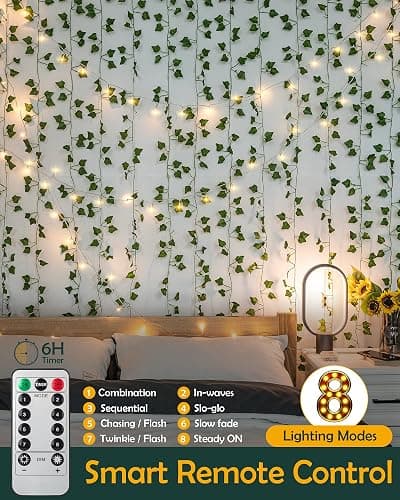 JACKYLED 84Ft 12 Pcs Artificial Ivy Garland Fake Vines with 65ft 200 LED String Lights and Remote Control Faux Hanging Leaves thumbnail 6