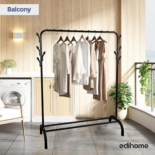 edihome, Clothes Rail, Rack for Bedroom, ‎122 x 39 x 148 cm; 2.1 kg, Heavy Duty, Metallic, with Shoe Holder, for Hanging Clothes, Skirts, Shirts, Trousers (Black) - Black thumbnail 2