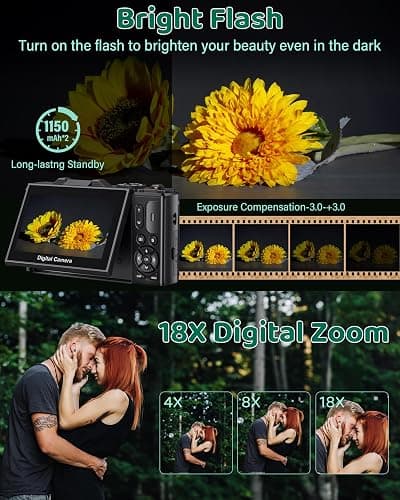 5K Digital Camera - WiFi 75MP UHD Cameras for Photography - Autofocus Vlogging Camera for YouTube with 18X Zoom 3" 180° Flip Screen - Video Cameras Compact Travel Camara with 32GB SD Card 2 Batteries thumbnail 4
