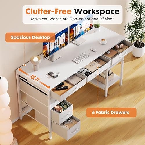 Sweetcrispy 47" Computer Desk with 6 Fabric Drawers & Storage Shelves | Reversible Gaming Desk, Office Desk, Computer Workstation, Corner Desk with Storag, Home Office, Living Room, White thumbnail 6