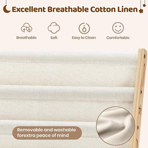 COSYLAND Fabric Kids Bookshelf 6 Tiers,Wooden Sling Book Rack with Deep Shelves for Playroom Nursery Bedroom,Front Facing Nursery Bookcase for Kids (Natural, 63 Cm Wide) thumbnail 8