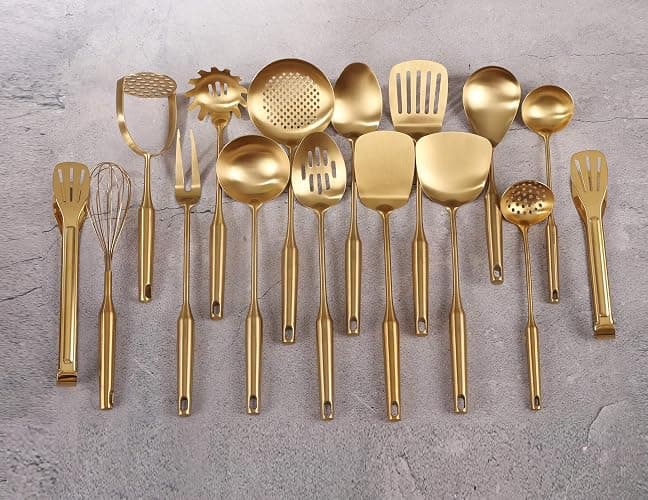 Gold Cooking Utensils Set - 18/10 Stainless Steel Small and Large Spoons Set, 16 PCS All Metal Kitchen Tools, Serving Utensils - Whisk, Masher, Fork, Tongs, Spatula, Turner, Ladle, Skimmer, Pasta thumbnail 7