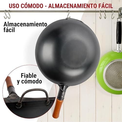 YOSUKATA Sarten Wok de Acero al Carbono 34 cm - Pre-sazonado Wok Fundo Plano - Wok Induccion Tradicional - Sin Сobertura Química - Compatible Con Cocinas de Gas, Inducción, Eléctricas y Fuego Abierto thumbnail 9