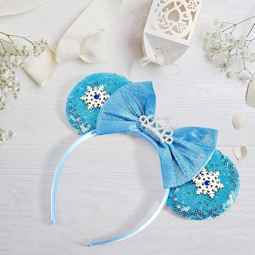 LYLIN Mouse Ears Headband, Blue Mouse Ears for Women Girls Adult, Sequin Princess Headband Park Ears for Christmas Party Cosplay Costumes Accessories (Snowflake) thumbnail 6