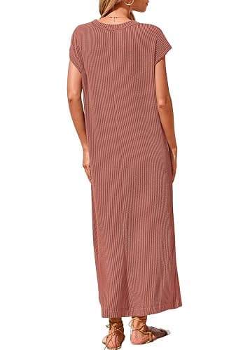 KIRUNDO Womens Summer Dresses 2026 Spring Ribbed Knit Henley Short Sleeve Maxi Dress Button Up Loose Beach Vacation Sundress thumbnail 2