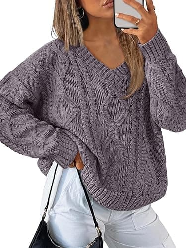 Trendy Queen Oversized Cable Knit Sweaters for Women 2025 Cozy Pullover Knit Fall Outfits V Neck Cute Winter Clothing - Image 1