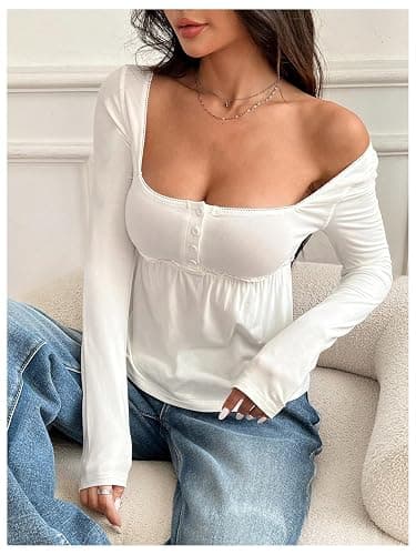 SOLY HUX Women's Babydoll Tops Long Sleeve Henley Shirts Cute Square Neck Coquette Peplum Top thumbnail 5