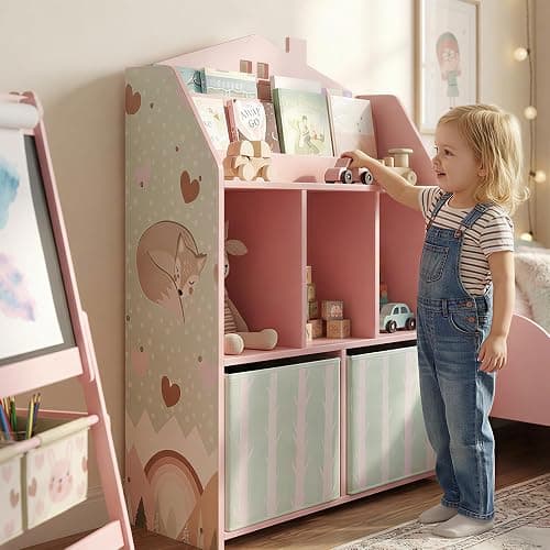 AIYAPLAY Kids Bookshelf with Storage, Toy Storage Unit, Book Display, Pink | Shelves, Fabric Drawers, Multipurpose Children's Bookcase, for Playroom and Nursery thumbnail 9