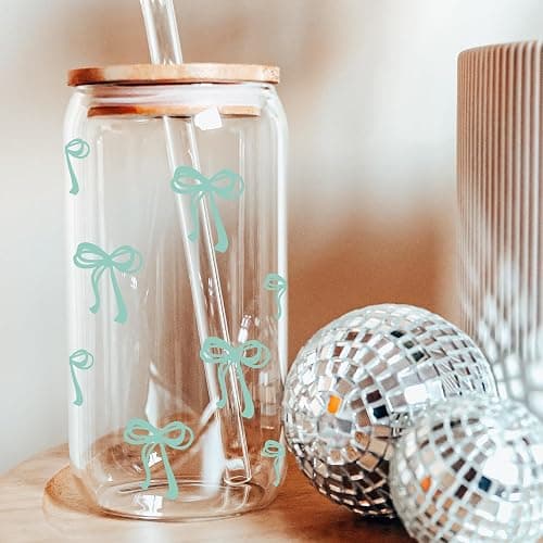 BIPEDS Coquette Cute Sage Green Bow Glass Cups with Lids and Straws, Aesthetic Iced Coffee Cup Girly Preppy Tumbler Mug, Christmas Valentines Birthday Gifts for Women, Teen Girl Gifts Trendy Stuff thumbnail 6