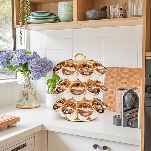 KREWEY Coffee Pod Holder, K Cup Holders Carousel Organizer ,27 Coffee Pods Storage Compatible with K Cups, Spins 360-Degrees, Modern Gold Design ，Round,Shining Gold,3 Tier Home or Office Kitchen Counter Organizer thumbnail 7