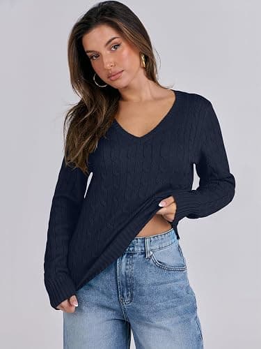ANRABESS Womens Long Sleeve Cable Knit Sweater 2025 Fall Fashion V Neck Fitted Pullover Top Business Casual Work Fall Outfits thumbnail 4