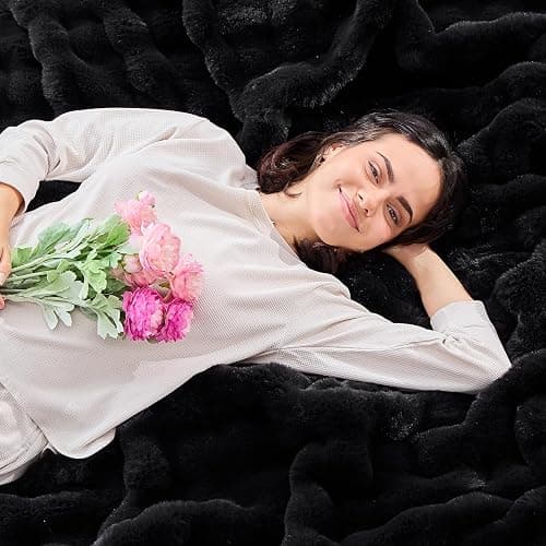 Jeyfull Fluffy Faux Rabbit Fur Throw Blanket - Soft, Luxury, Cozy Thick Warm Decorative Blanket for Bed, Sofa (Throw Size 50''x60'', Black) thumbnail 4