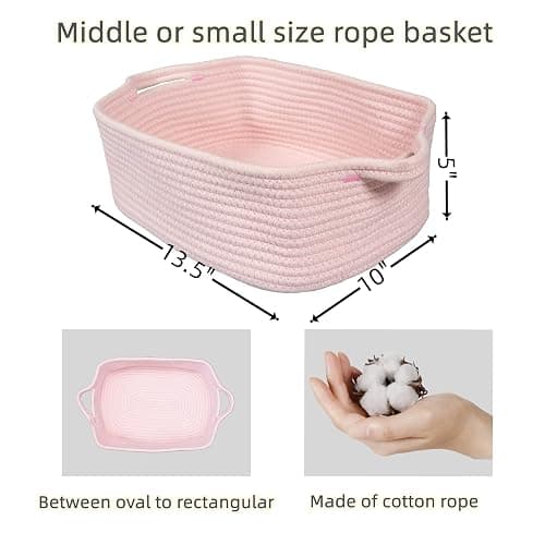 Woven Cotton Rope Storage Basket with Handles for Organizing Shelves Closet Small Cat Dog Pet Toy Baskets Box Bin Decorative Rectangle Baby Nursery basket Gift Basket Empty Light pink thumbnail 3