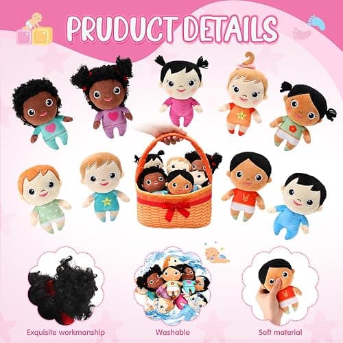 HyDren Basket Plush Baby Dolls, Set of 10 Soft Multicultural Sensory Dolls 6'' Plush Diversity Toys for Preschool Classroom, Easter Toddler Baby Toys for Kids Girls Boys All Ages thumbnail 4