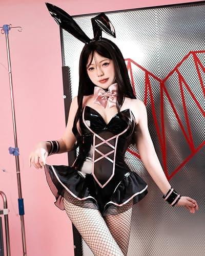 FCCAM Bunny Costume Adult Women One Piece Bodysuit with Bunny Tail Bunny Girl Halloween Cosplay - Black - XX-Large thumbnail 2