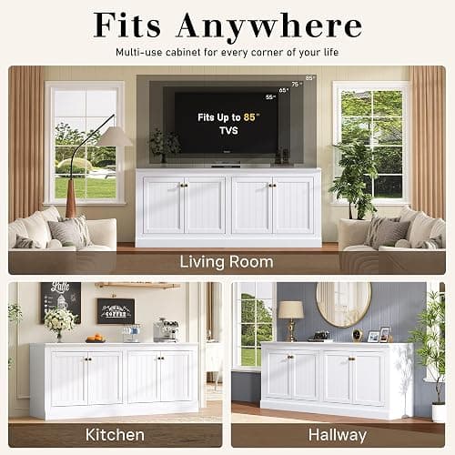AMERLIFE 72" Farmhouse Sideboard Buffet Cabinet with Barn Doors, Storage Console Table with Adjustable Shelves, Coffee Bar/TV Stand for Living Room, Kitchen, Entryway, White thumbnail 5