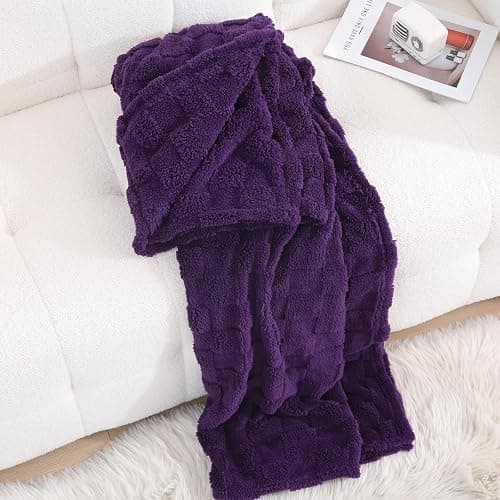 Linecooo Deep Purple Fleece Throw Blanket 50”×60” for Couch Sofa Bed,Super Soft Cozy Plush Microfiber Flannel Blanket with 3D Checkered Design Lightweight for Adults,Woman,Girls thumbnail 2