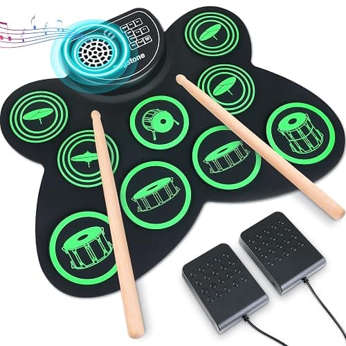 Ragstone Electronic Drum Set, Roll Up Drum Practice Kids Drum Set with Dual Stereo Speaker, MIDI, Foot Pedals, Drum Sticks, Ideal Electric Drumset Toy Gifts (Green (Dual Speaker)) - Image 1