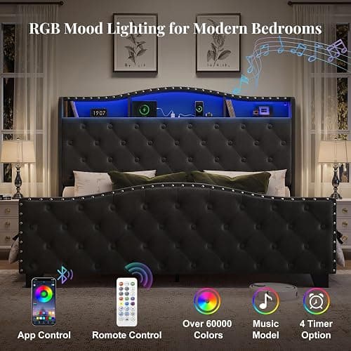 Belffin Queen Size Platform Bed Frame with 50.9" LED Headboard, Black | Velvet Upholstered Low-profile Bed, Handmade Tufting, Nailhead Wingback, Tall Footboard, Storage with Charger, Noise-Free thumbnail 4