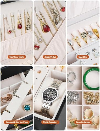 SYCARON Large Jewelry Box Organizer for Women Girls, 3 Layers PU Leather Jewelry Storage Case with Lock for Women and Girls Necklace Bracelets Earrings Rings Organizer, Black thumbnail 3