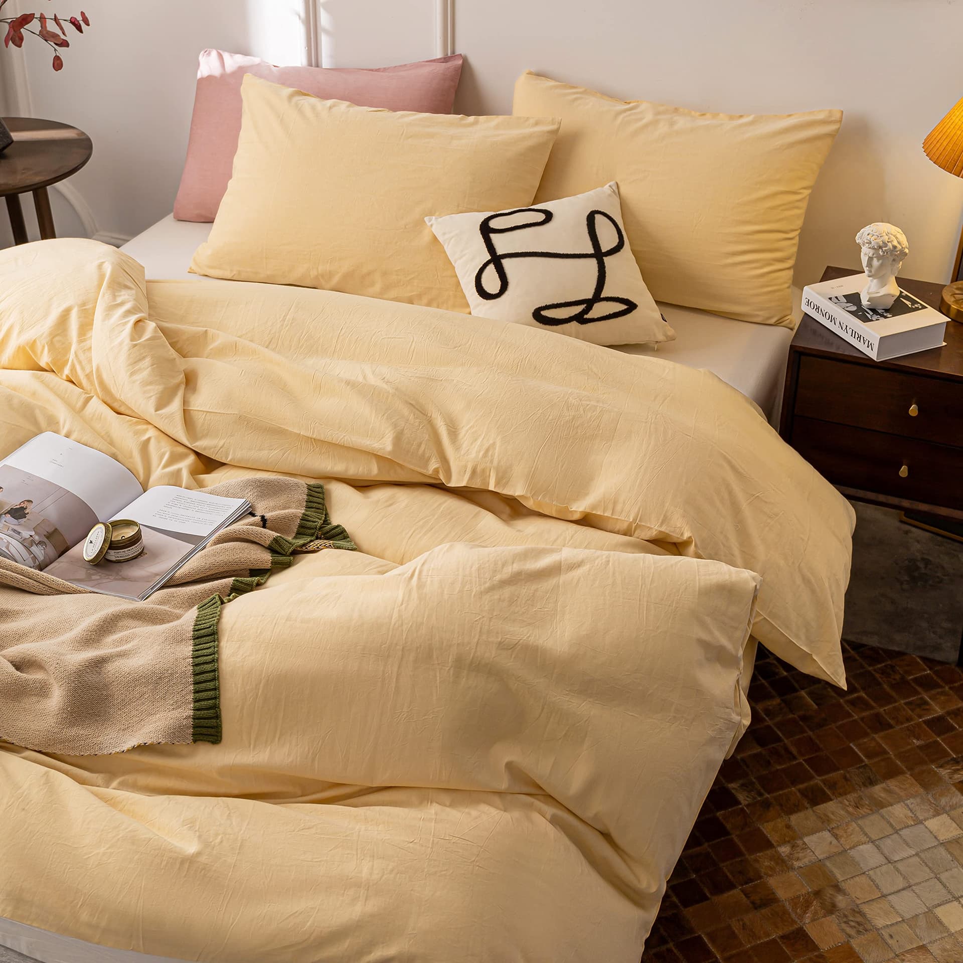 Janlive Washed Cotton Duvet Cover King Ultra Soft 100% Cotton Solid Color Cream Yellow Duvet Cover Set with Zipper Closure -3 Pieces Cream Yellow King - King - Cream Yellow thumbnail 3