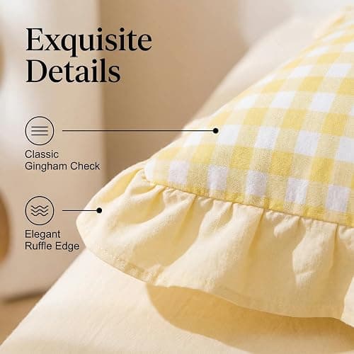 MODASER Yellow Gingham Pillow Cases Set of 2 - Ruffled Farmhouse Shams Covers, Soft Cute Aesthetic Room Decor (Standard) thumbnail 3