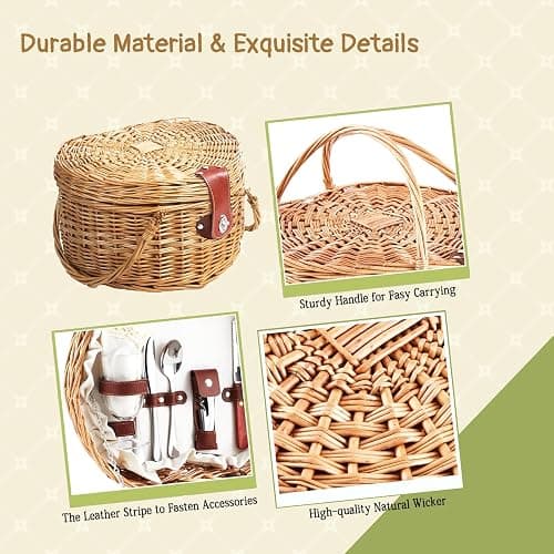 RORLAND Heart Shaped Picnic Basket Set 2 Person,Wicker Romantic Willow Woven Basket W/Tableware for Camping Indoor Outdoor Party,Couple Gift for Valentine's Day,Engagement,Wedding,Anniversary,Birthday thumbnail 5
