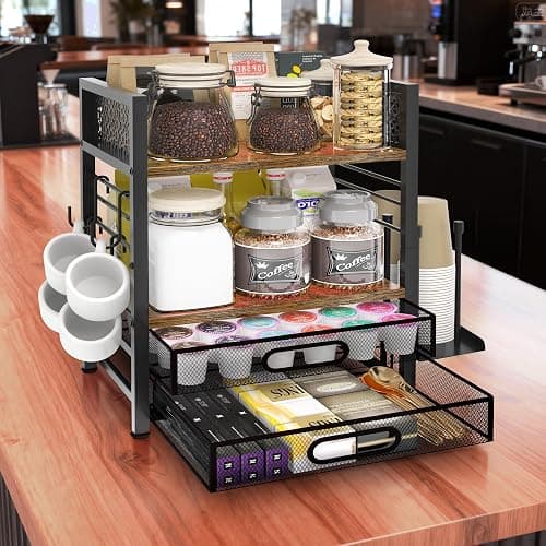 VIPLEEO Coffee Bar Organizer - 4 Tier Coffee Station Organizer for Countertop, Coffee Bar Storage with 4 Hooks, with K Cup Storage Drawer and Cup Holder, Multifunctional Shelf for Accessories Kitchen thumbnail 7