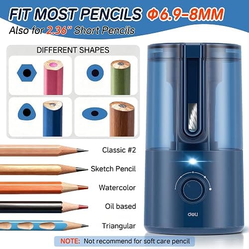 Deli Electric Pencil Sharpener, Fully Automatic Pencil Sharpener for 6.9-8mm No.2 & Colored Pencils, Auto in & Out, Rechargeable Hands-Free Sharpener for Classroom, Home, Office, Blue thumbnail 3