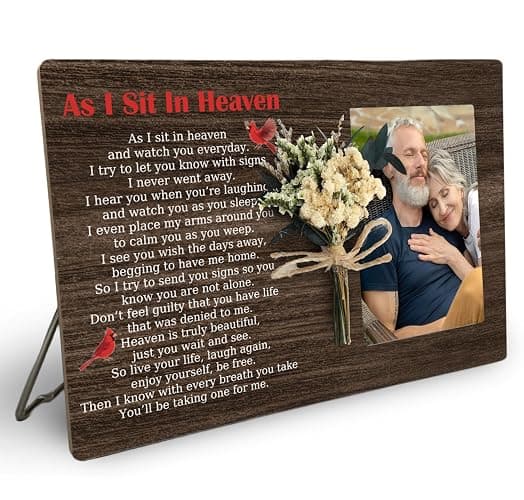 CAIFZ Memorial Picture Frame with Bouquet, As I Sit In Heaven Wooden Photo Frame Gifts for Loss of Loved one, 4x6 inch Photo - Image 1