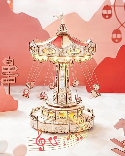 ROKR 3D Puzzles Wooden Music Box Kit with LED, Rotating Swing Ride Mechanical Model Kit DIY Wood Craft Hobbies Kit for Adults Birthday for Adults - Image 1