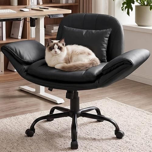 Criss Cross Office Chair, PU Leather Ergonomic Swivel Vanity Chair | 5-Level Adjustable Armrests, 45.3" Wide Breathable Leather Seat, Cross Legged Chair for Bedroom - Image 1