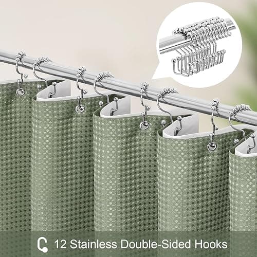 Craidlela 3 in 1 Shower Curtain Set, Sage Green Waffle Shower Curtain and PEVA Liner Set with 12 Stainless Steel Shower Curtain Hooks, Waterproof Fabric Shower Curtains for Bathroom, 72 W x 72 H thumbnail 4