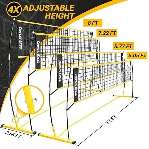 Dimples Excel 12x8 FT Portable Volleyball Net Set,4 Adjustable Heights Set | For All Ages & Skill Levels, Indoor Outdoor Backyard Beach Gym, Includes Ball Pump Sandbags Carry Bag, 5 Min Fast Setup thumbnail 2