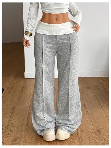 Verdusa Women's Fold Over Baggy Pants Athletic Wide Leg Sweatpants Fitness Clothing Lightweight Bell Bottoms thumbnail 3