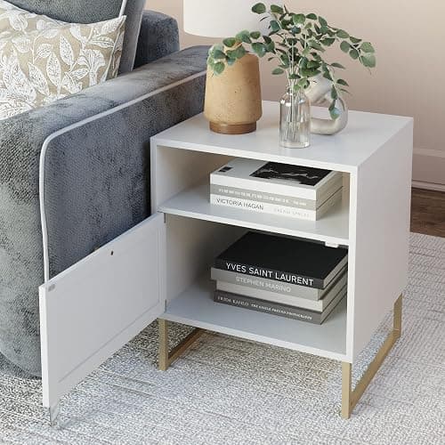 Nathan James Mina Rattan Wood End Side Accent Table Nightstand with Storage for Living Room or Bedroom, 1, White/Gold thumbnail 7
