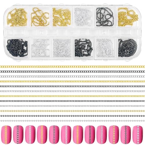12 Strips Metal Nail Art Chains, 3D Gold Silver Dark Gray Punk Gothic Nail Chain Charms, Jewelry DIY Manicure Decorations, Gems Studs Accessories with Storage Box for Women Girls, Easy to Apply - Image 1