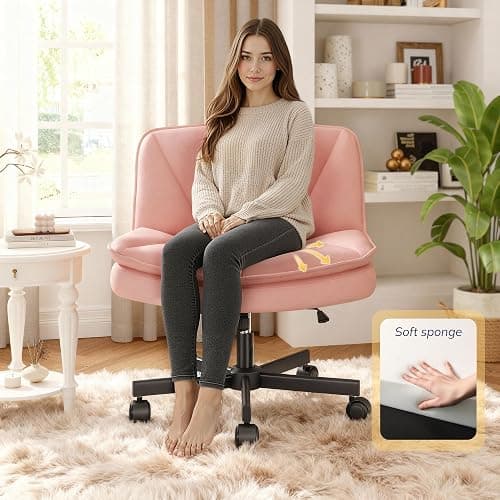 DurayLoly Criss Cross Chair with Wheels,Cross Legged Office Chair with 2 Layer Comfty Leather & Back,Armless Wide Vanity Chair for Home Office,Pink thumbnail 7